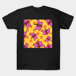 Hong Kong Bauhinia with Orange and Yellow Tile Floor Pattern - Summer Flower Pattern T-Shirt